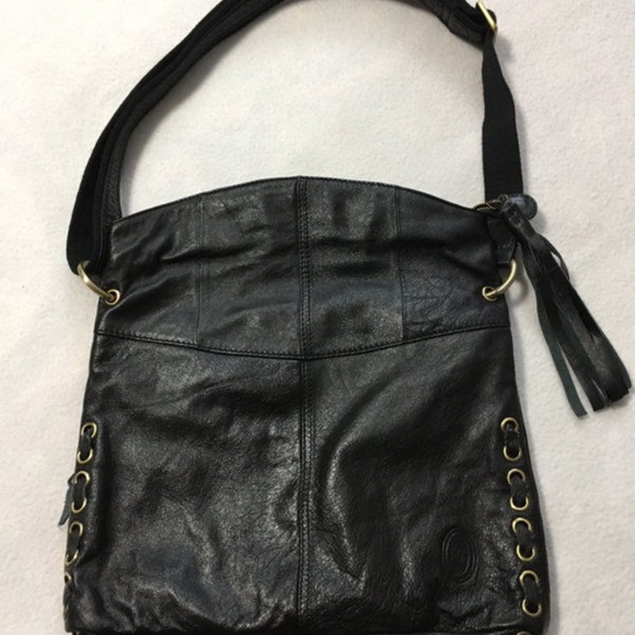 Black Leather Laced Side Foldover Tassel Purse - Picture 2 of 8
